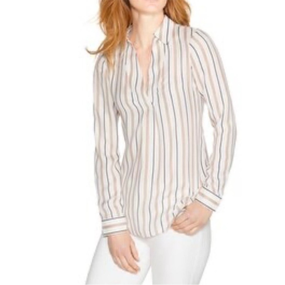 White House Black Market Silky Striped Collared V-Neck Blouse Cream Tan Size 6